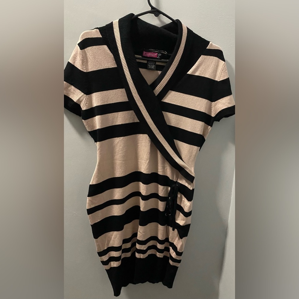 Say What? Black and Tan Striped Dress